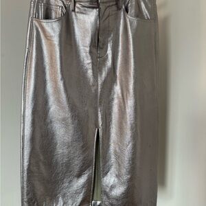 J.CREW, metallic silver faux leather skirt.